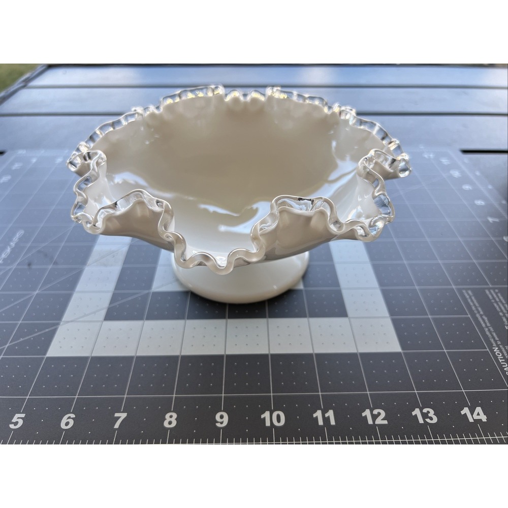 Vintage Fenton Silver Crest Milk Glass Pedestal Compote Bowl Ruffled Edge 8 Inch